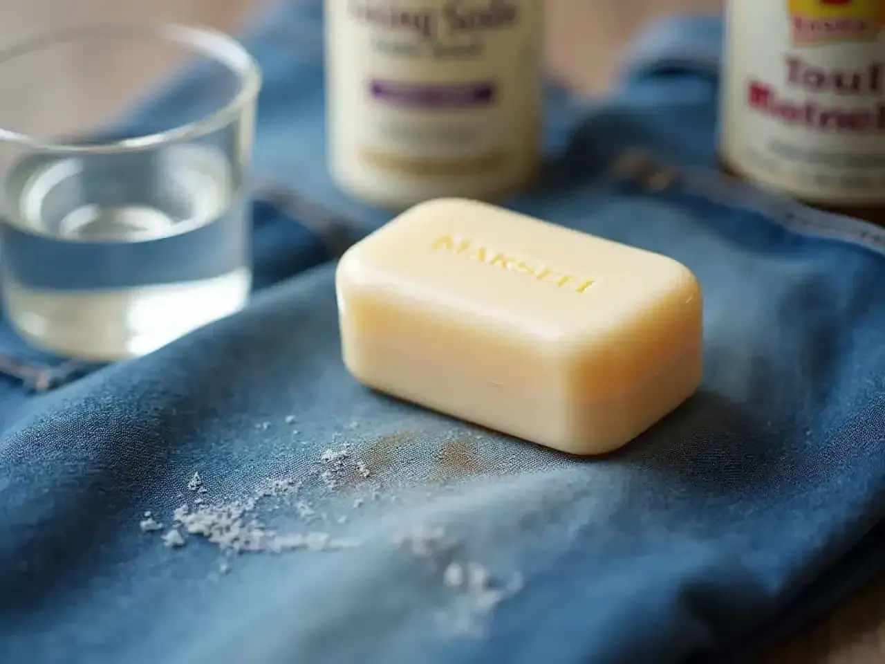 Une tache sur pantalon de jean, avec du savon et du bicarbonate de soude pour la nettoyer.