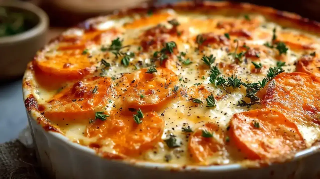 Un délicieux gratin de patates douces au four, doré et gratiné, garni de thym frais et de poivre noir.