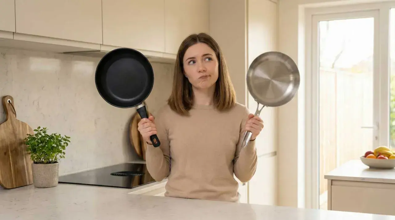 Une femme hésite entre une poêle en fonte et une poêle en inox. Quel ustensile représente un poêle en fonte danger ?