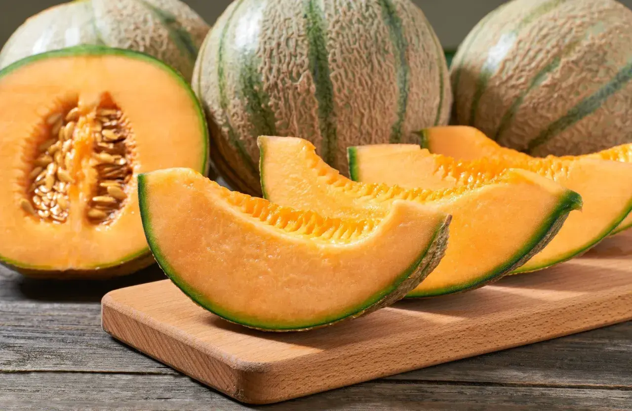 Des melons cantaloups coupés en quartiers, révélant leur chair orangée et leurs pépins. Un délice pour reconnaître un melon mur.