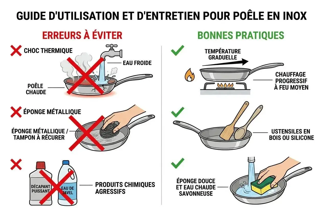 Guide d'utilisation poêle inox : éviter choc thermique, éponge métallique, produits agressifs. Danger ! Privilégier chauffe progressive, ustensiles bois/silicone, nettoyage doux.