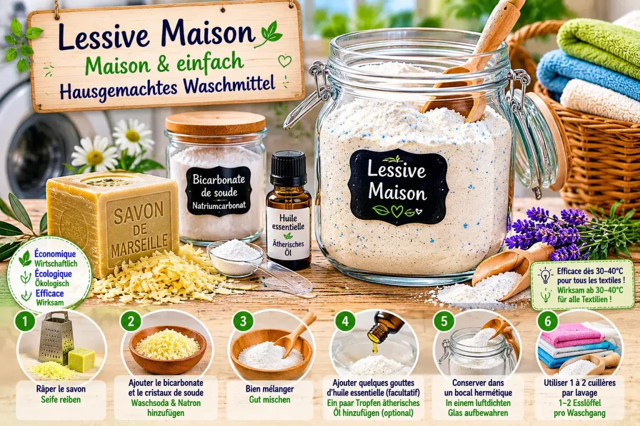 Recette de lessive maison sans bicarbonate : savon de Marseille râpé, cristaux de soude, et huile essentielle. Facile et économique pour un linge propre.