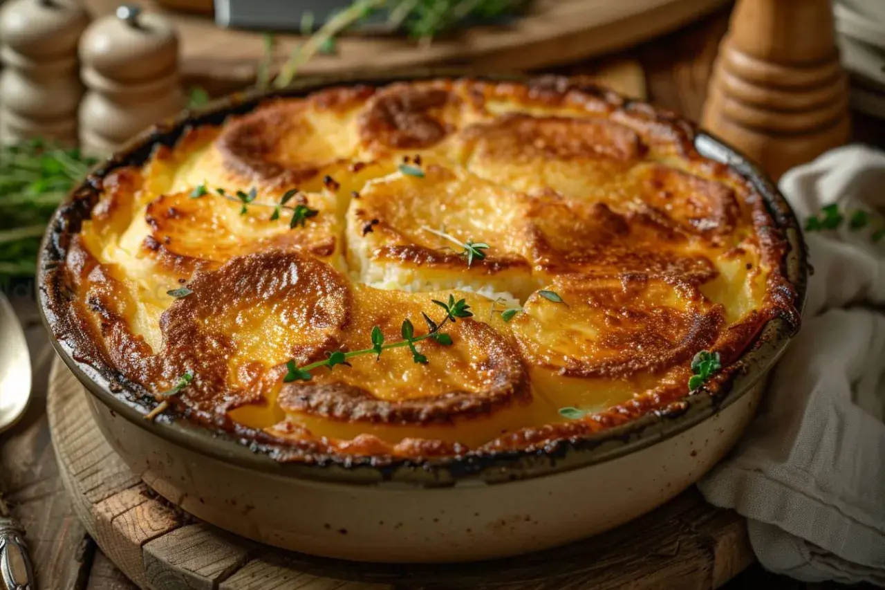 Gratin de topinambours à la poêle, doré et croustillant, garni de thym frais. Un délice réconfortant.