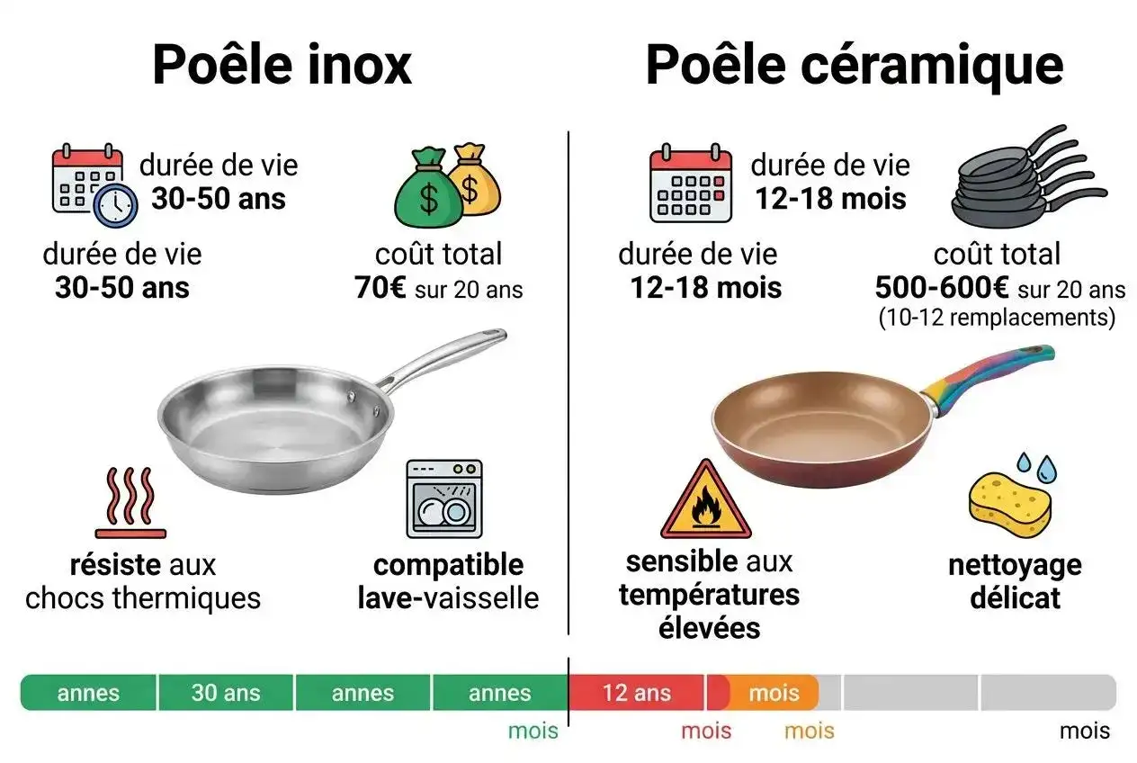 Comparaison poêle inox (30-50 ans de vie, 70€/20 ans) et poêle céramique (12-18 mois, sensible aux températures élevées, nettoyage délicat). Le poêle en inox, bien que plus cher à l'achat, est un investissement durable.