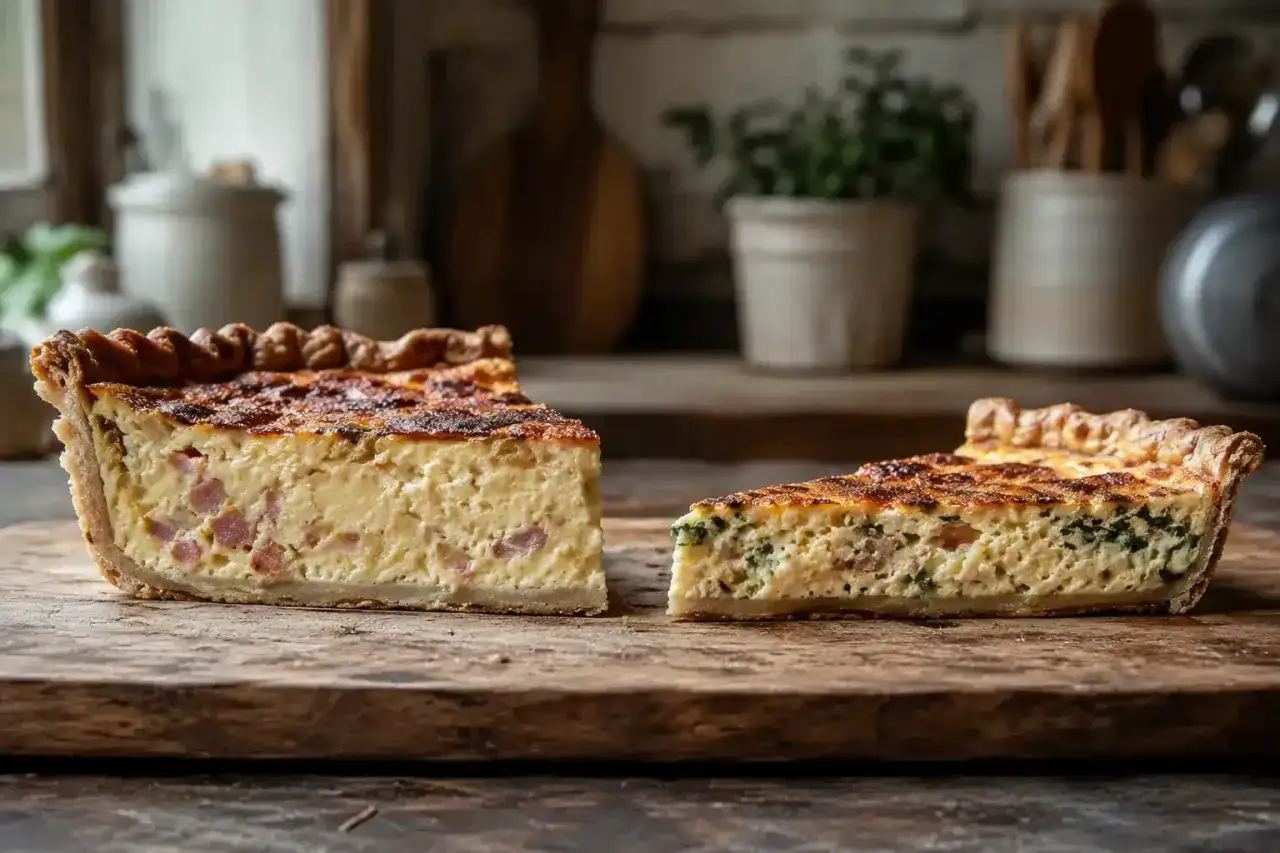Deux parts de quiche lorraine, garnies de lardons et d'une touche d'épinards, reposent sur une planche en bois rustique.