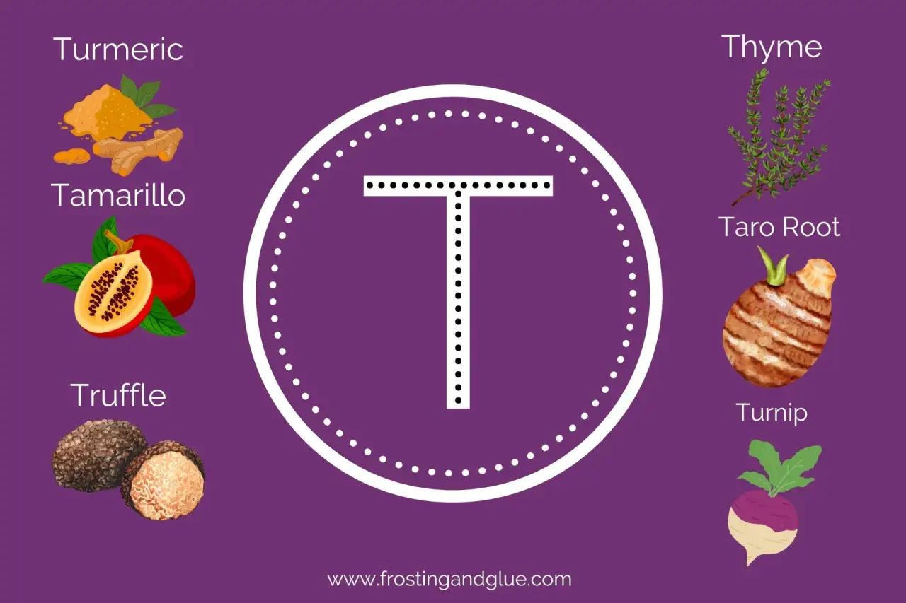 Alphabet T : Turmeric, Tamarillo, Truffle, Thyme, Taro Root, Turnip. Chaque fruit legume en t est illustr&eacute;.