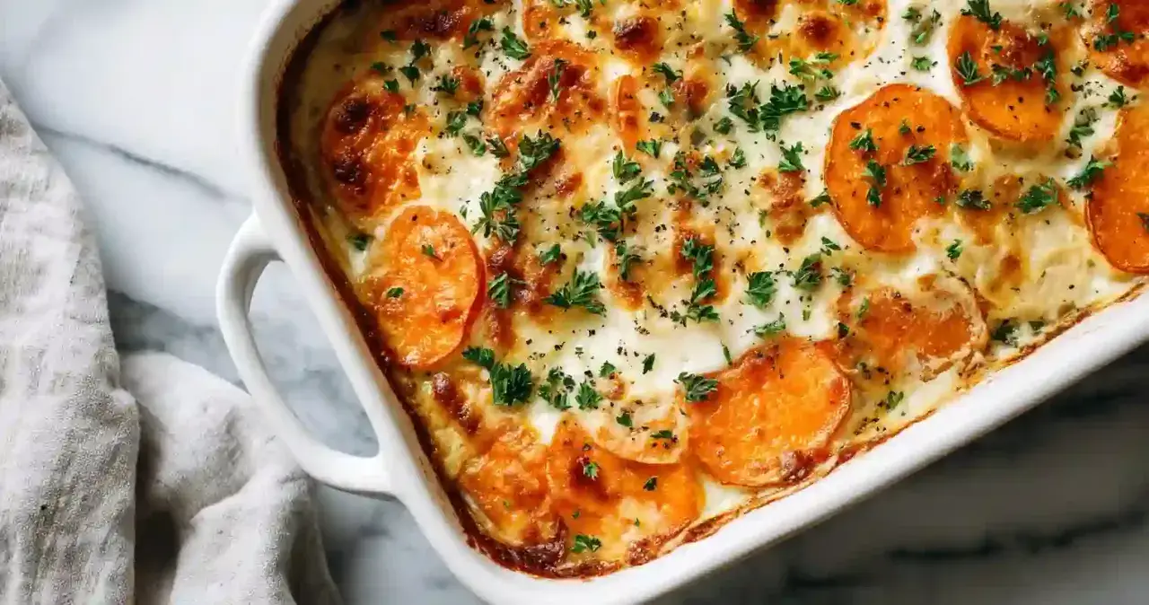 Un délicieux gratin de patates douces au four, gratiné et parsemé de persil frais.