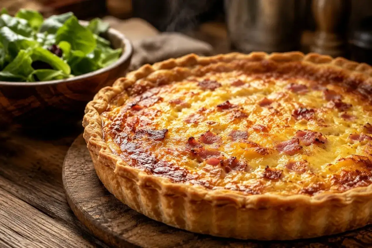 Une délicieuse quiche lorraine dorée, garnie de lardons, accompagnée d'une salade verte fraîche. Un plat réconfortant.