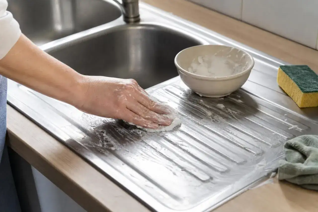 Main nettoyant l'évier avec une pâte de bicarbonate de sodium.