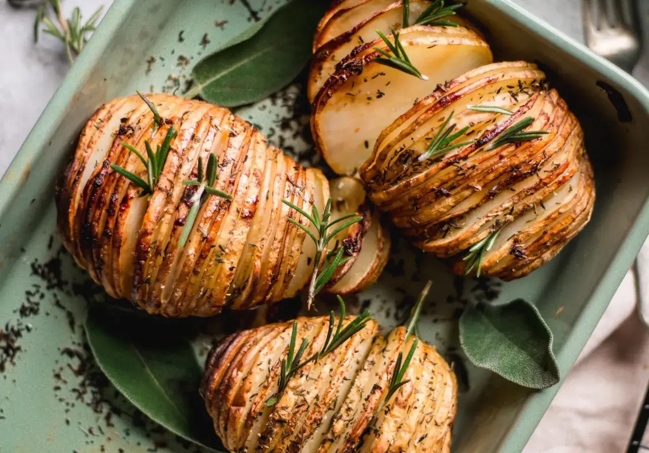 Pommes de terre Hasselback dor&eacute;es et croustillantes, garnies de romarin frais, dans un plat vert.