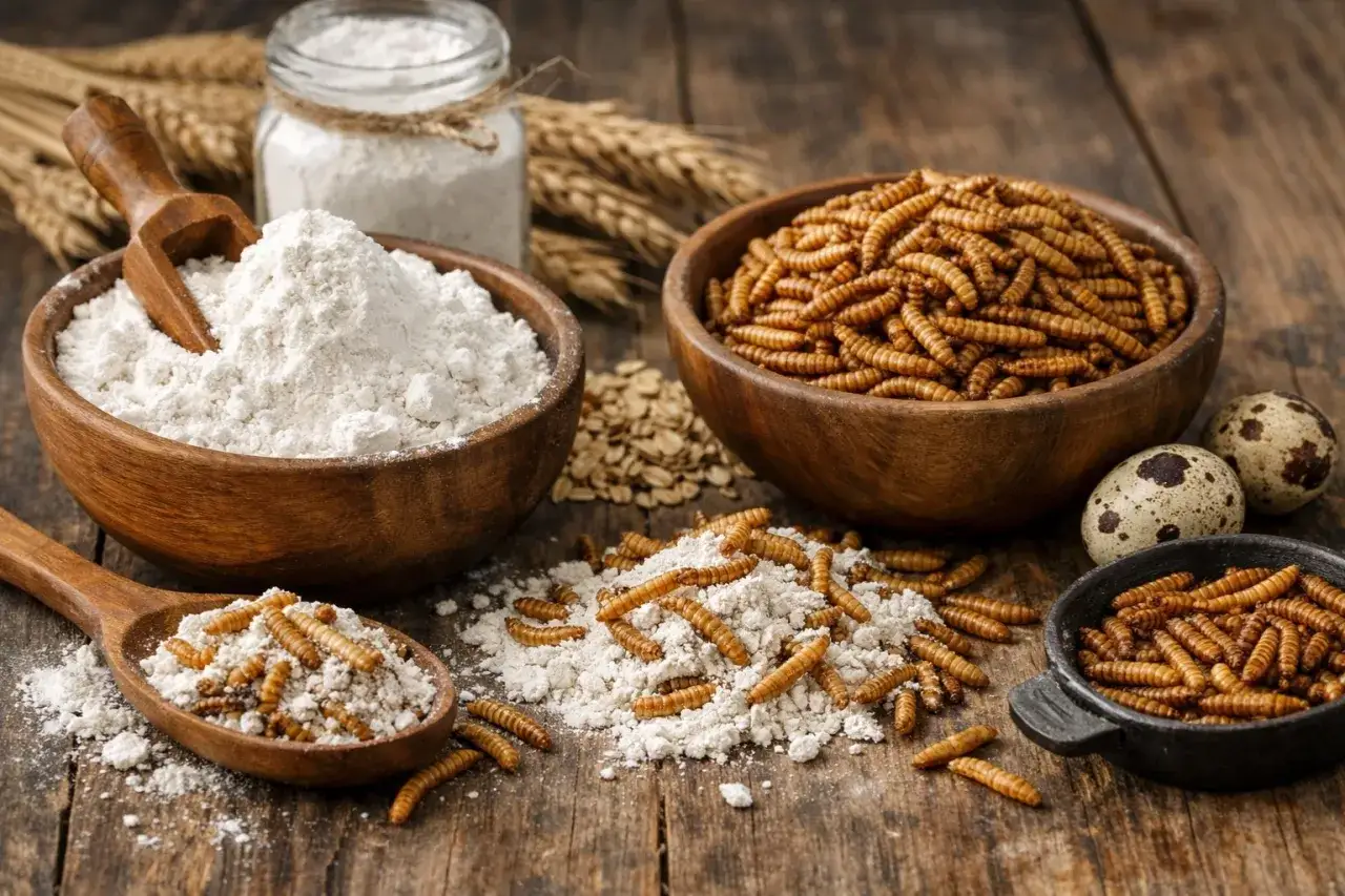 Des vers de farine dans la maison, mélangés à de la farine et des œufs de caille, prêts à être cuisinés.