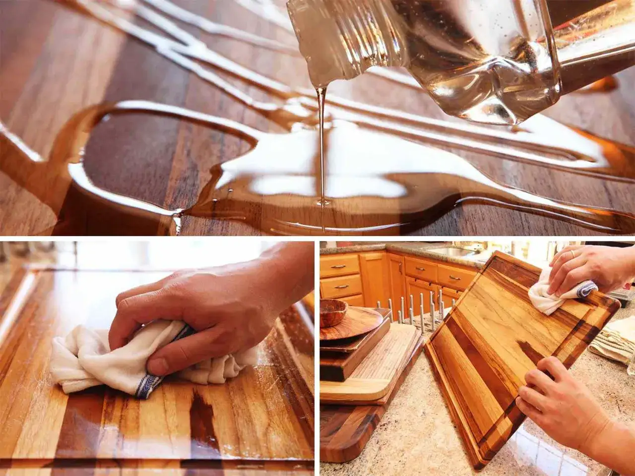 Huile vers&eacute;e sur une planche &agrave; d&eacute;couper en bois, puis essuy&eacute;e avec un chiffon. Apprenez comment traiter une planche &agrave; d&eacute;couper en bois pour la prot&eacute;ger.