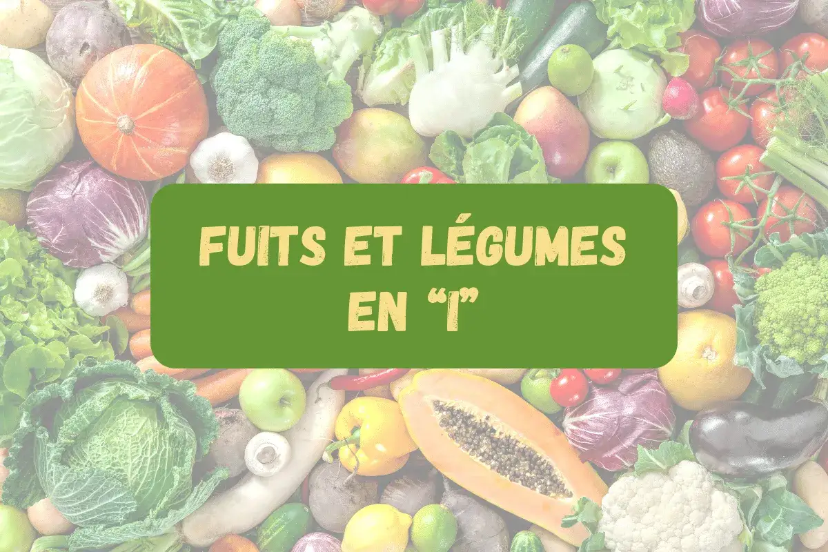 Un assortiment color&eacute; de fruits et l&eacute;gumes frais, avec un bandeau vert affichant 