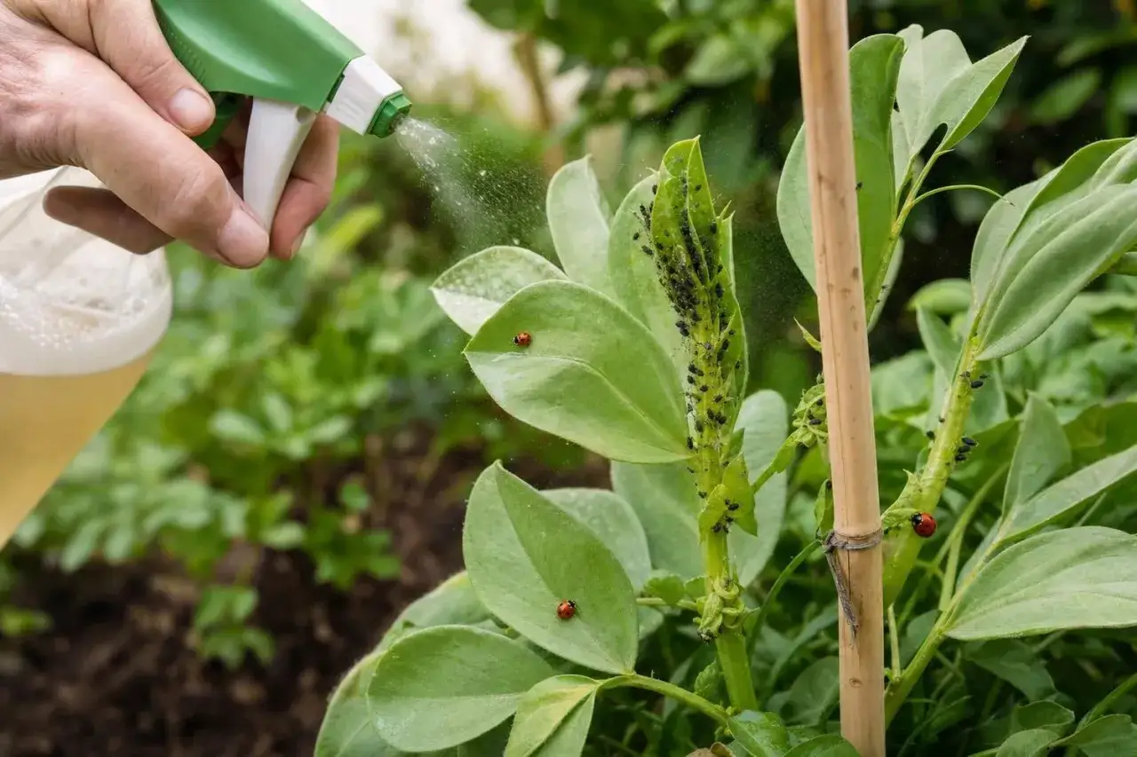 Comment se d&eacute;barrasser des pucerons et fourmis : une main pulv&eacute;rise un traitement naturel sur une plante infest&eacute;e, avec des coccinelles en aide.