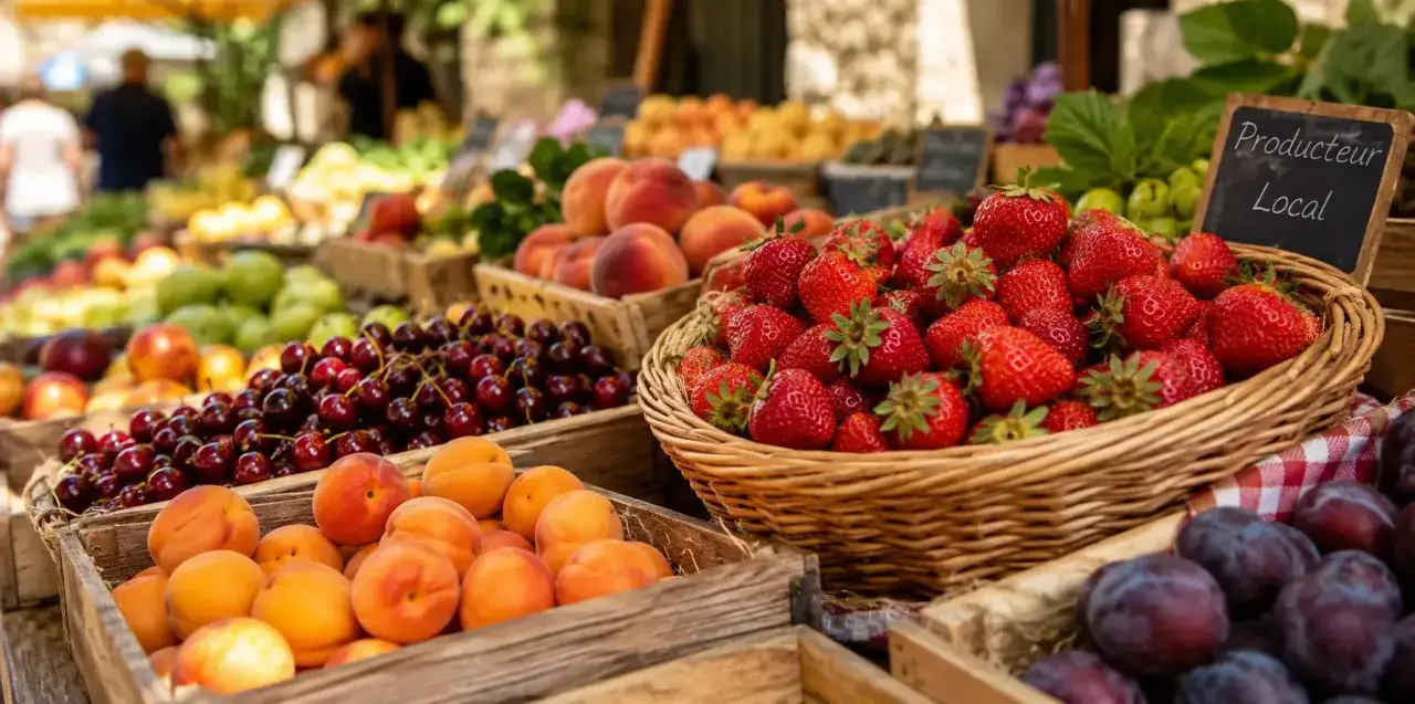 Un étal de marché débordant de fruits frais : fraises, cerises, abricots et prunes. Un panneau