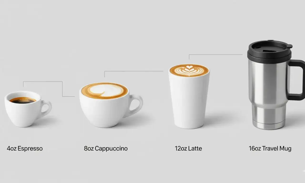 Comparaison de la taille tasse &agrave; caf&eacute; : espresso, cappuccino, latte et mug de voyage.