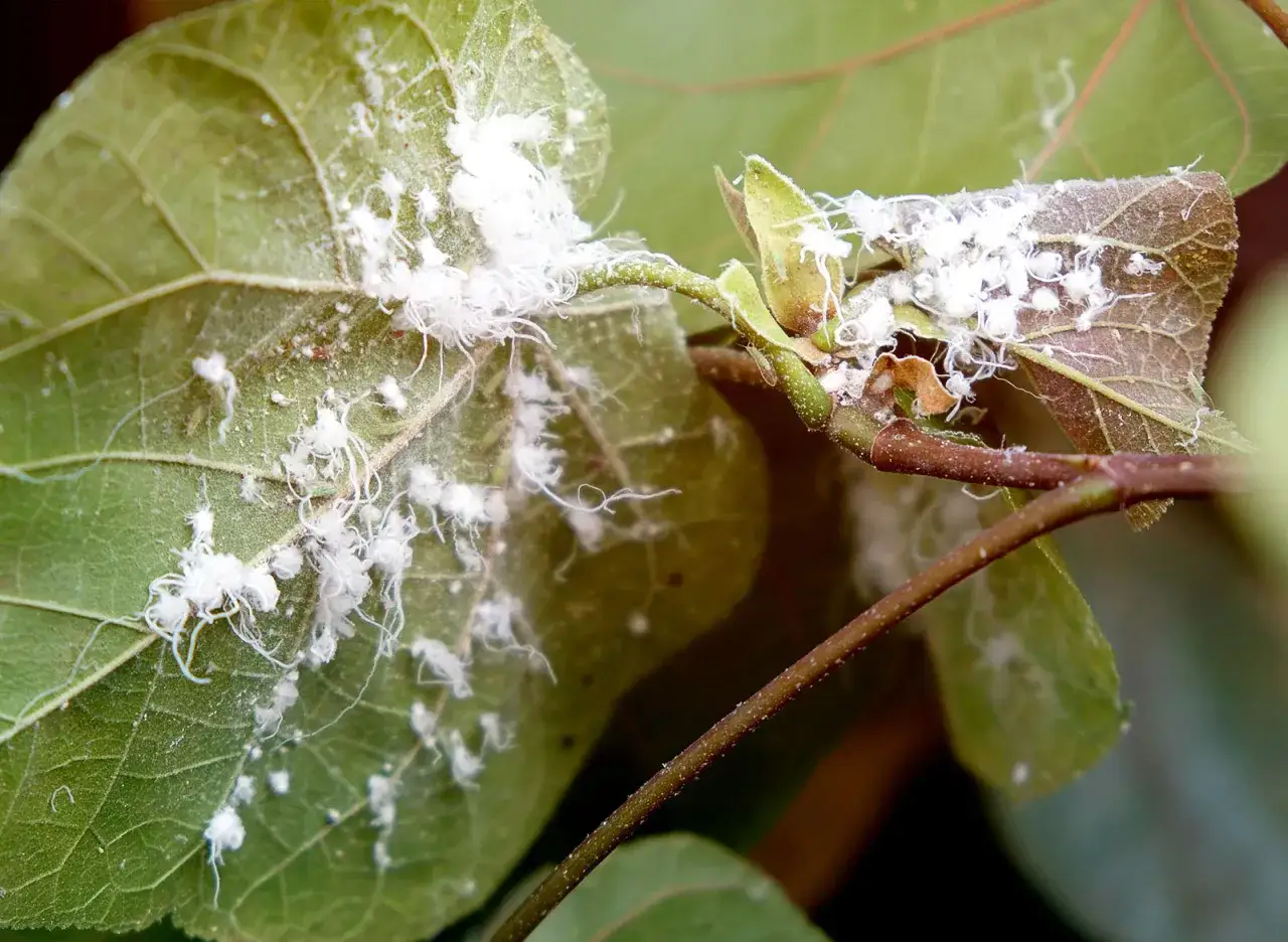 Feuilles vertes couvertes de pucerons blancs cotonneux. Un traitement est n&eacute;cessaire pour sauver la plante.