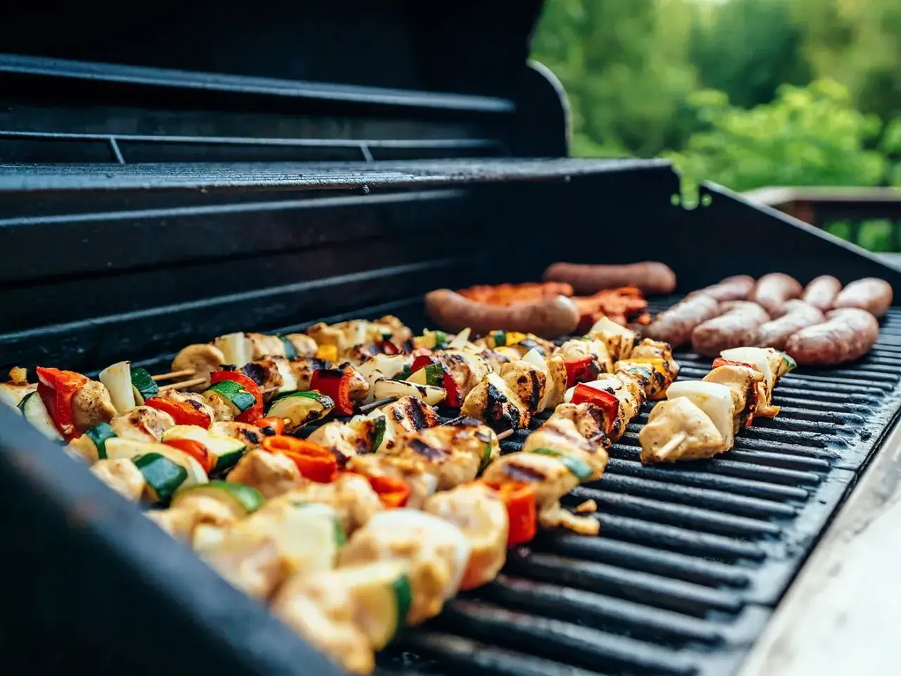 Brochettes de poulet et l&eacute;gumes, saucisses en cuisson sur un barbecue &agrave; gaz. Parfait pour le temps de cuisson barbecue gaz.