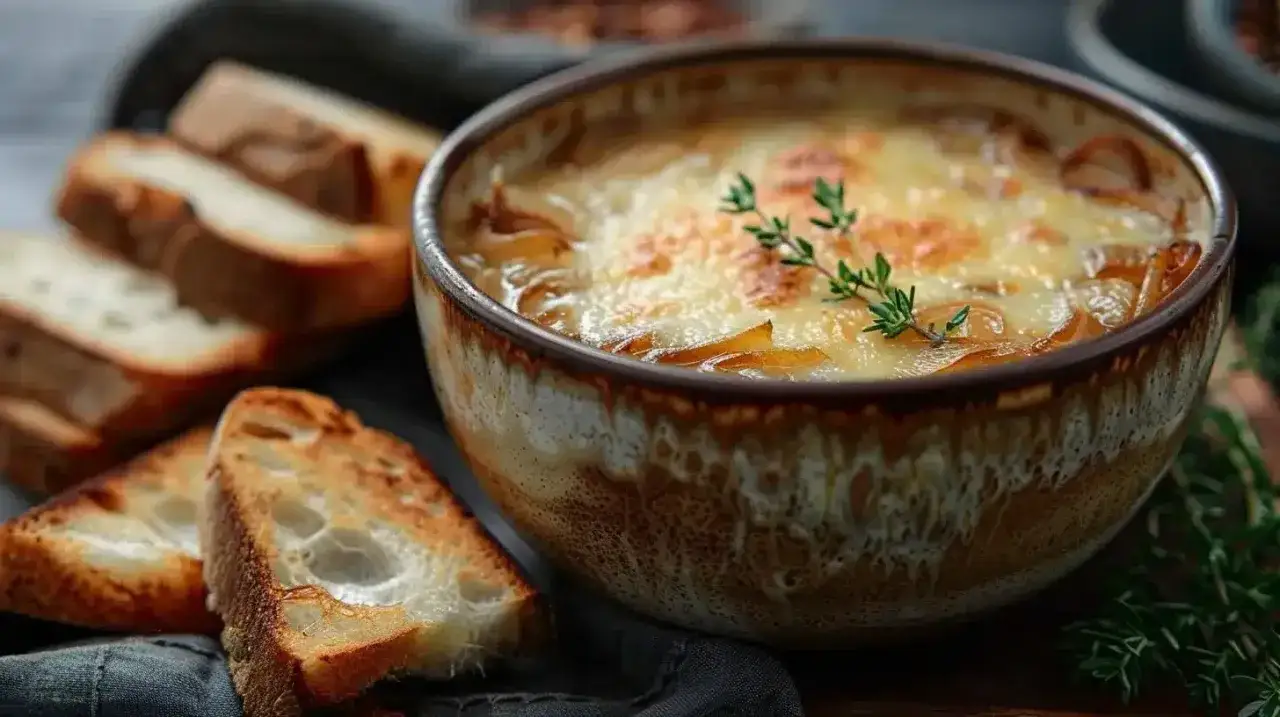 Un r&eacute;confortant bol de soupe &agrave; l'oignon gratin&eacute;e, garni de thym frais, servi avec des tranches de pain grill&eacute;.