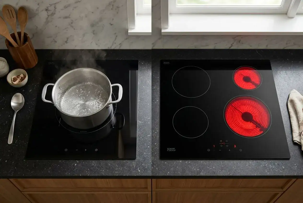Cuisini&egrave;re &agrave; induction ou vitroc&eacute;ramique, avec une casserole d'eau bouillante sur la gauche et des plaques chauffantes rouges sur la droite.
