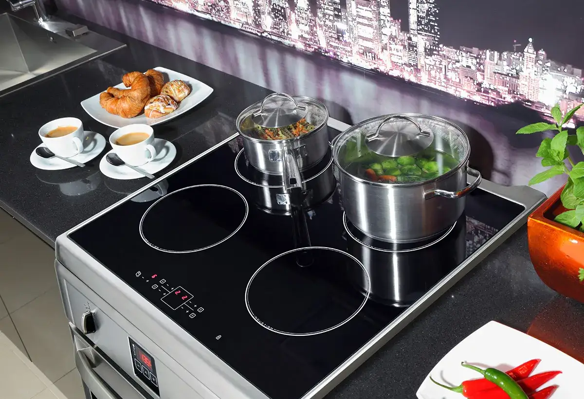 Plaque de cuisson moderne avec deux casseroles. La diff&eacute;rence plaque &eacute;lectrique et induction est visible sur les zones de cuisson.