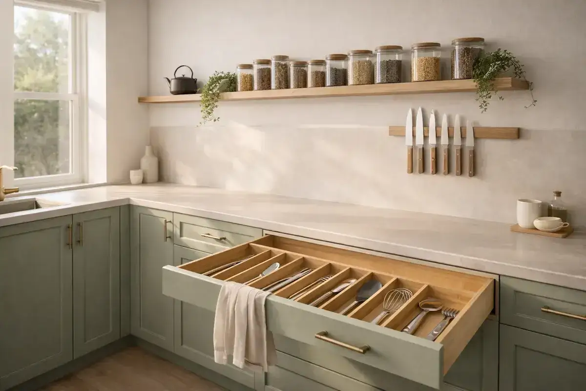 Tiroir ouvert montrant un organisateur de couverts en bois, parfait pour organiser sa cuisine. Des bocaux remplis d'ingrédients sont sur une étagère au-dessus.