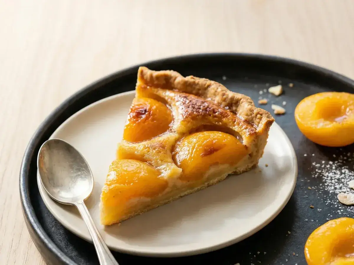 Tranche de tarte aux p&ecirc;ches en bo&icirc;te, garnie de fruits dor&eacute;s et d'une cro&ucirc;te croustillante. Une cuill&egrave;re argent&eacute;e repose &agrave; c&ocirc;t&eacute;.