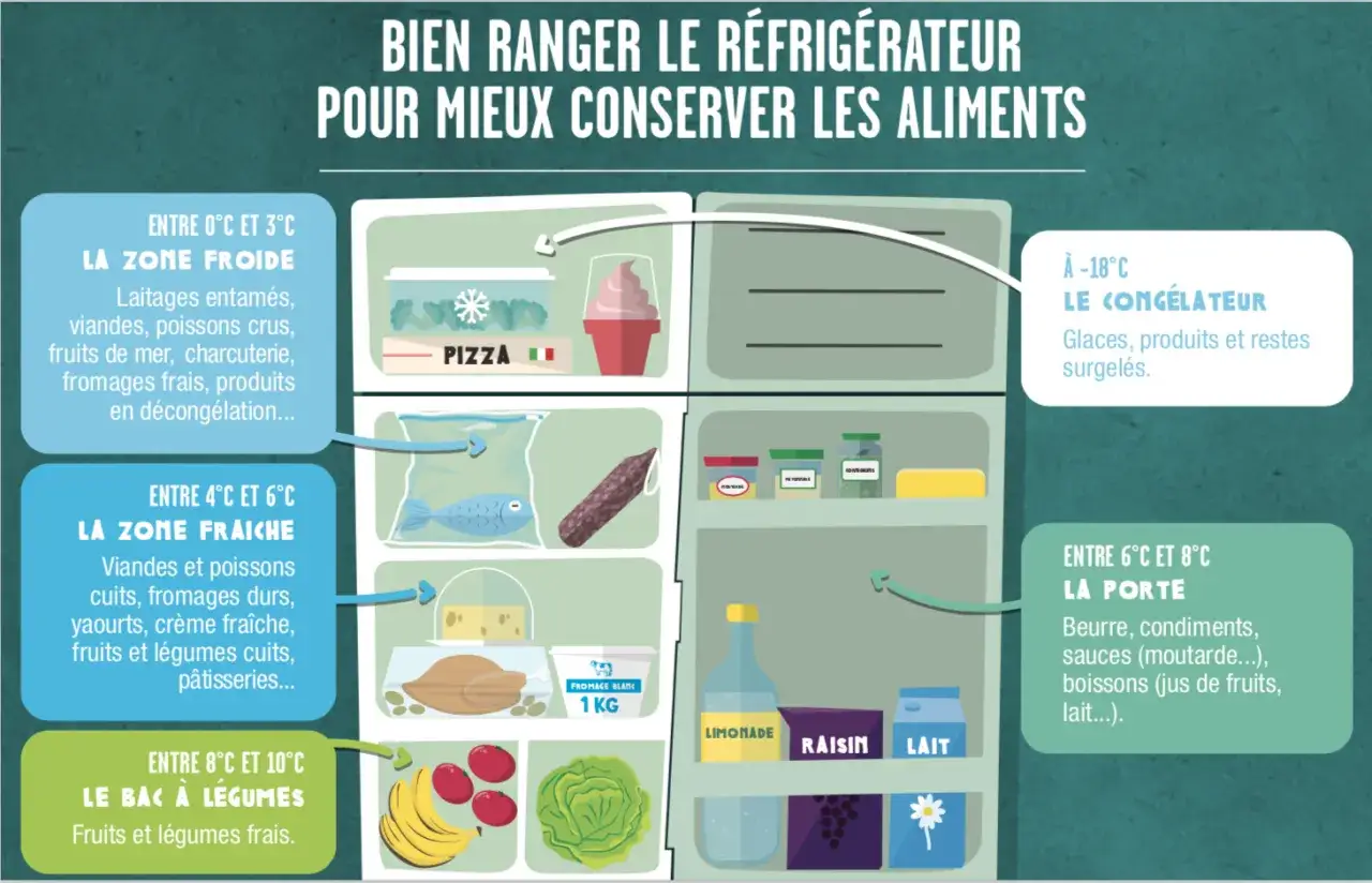 Infographie sur 10 astuces pour bien ranger son frigo : chaque zone a sa température idéale pour conserver au mieux les aliments.