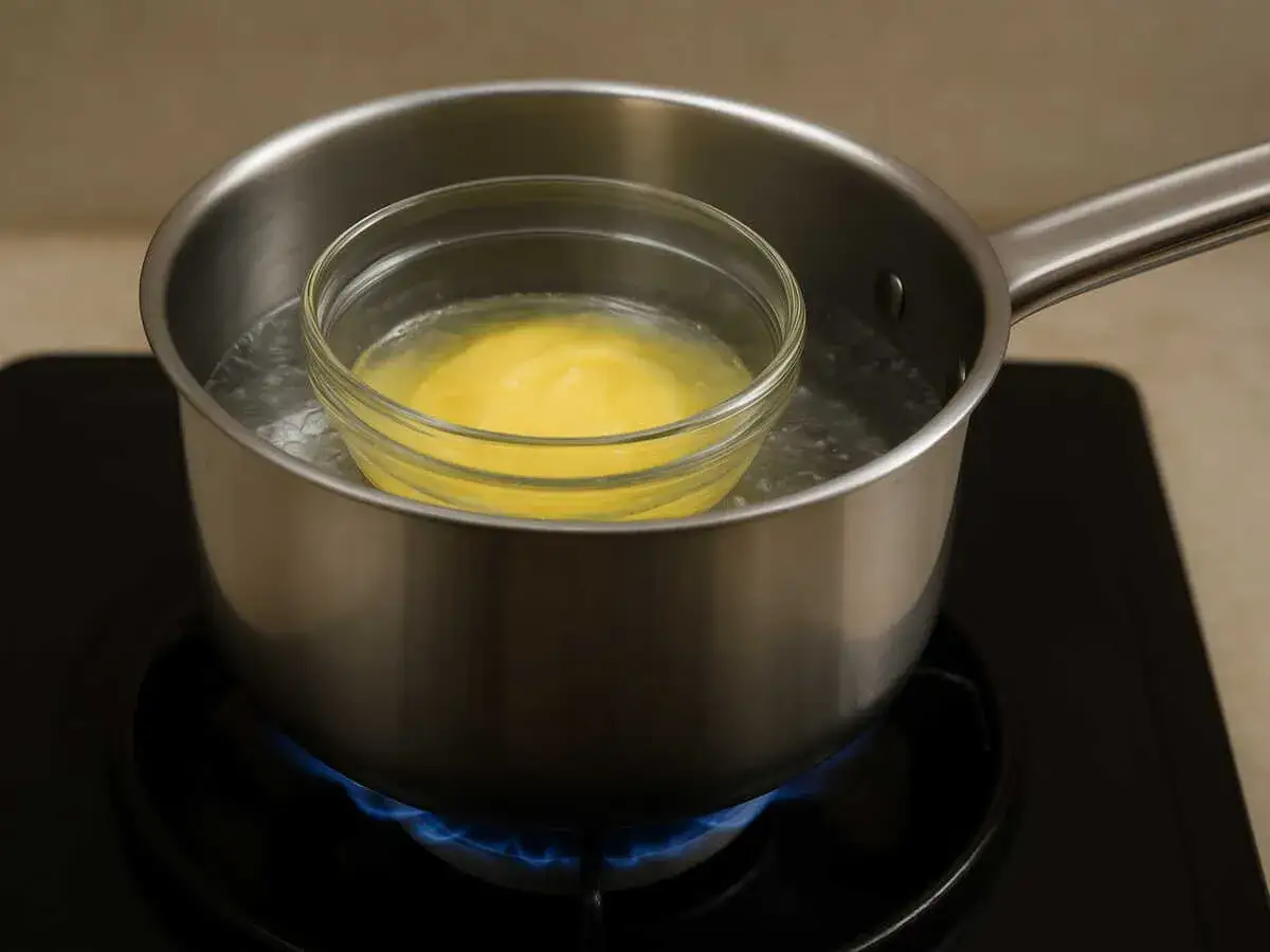 Un bain-marie au four pr&eacute;pare une sauce hollandaise. Un bol en verre avec un jaune d'&oelig;uf est plac&eacute; dans une casserole d'eau bouillante sur une cuisini&egrave;re.