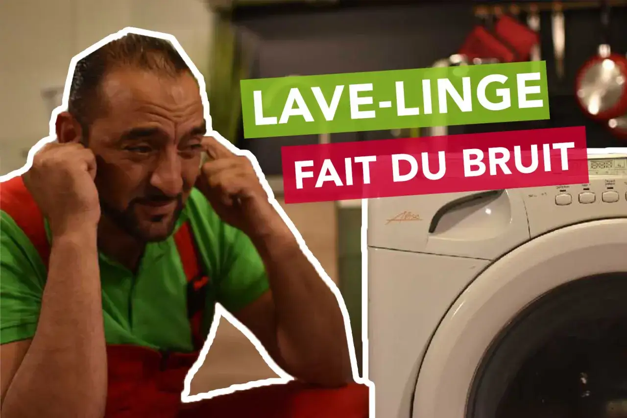 Un homme se bouche les oreilles &agrave; c&ocirc;t&eacute; d'une machine &agrave; laver qui fait du bruit &agrave; l'essorage.