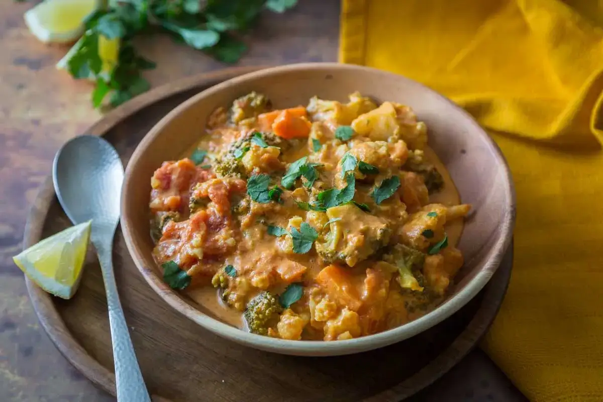 Un savoureux chou-fleur curry cr&eacute;meux avec des morceaux de brocoli et de carottes, garni de coriandre fra&icirc;che.