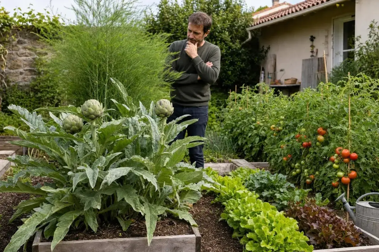 Un homme contemple un jardin luxuriant avec des artichauts, des tomates et de la salade. Ce beau legume en b. est prêt à être récolté.