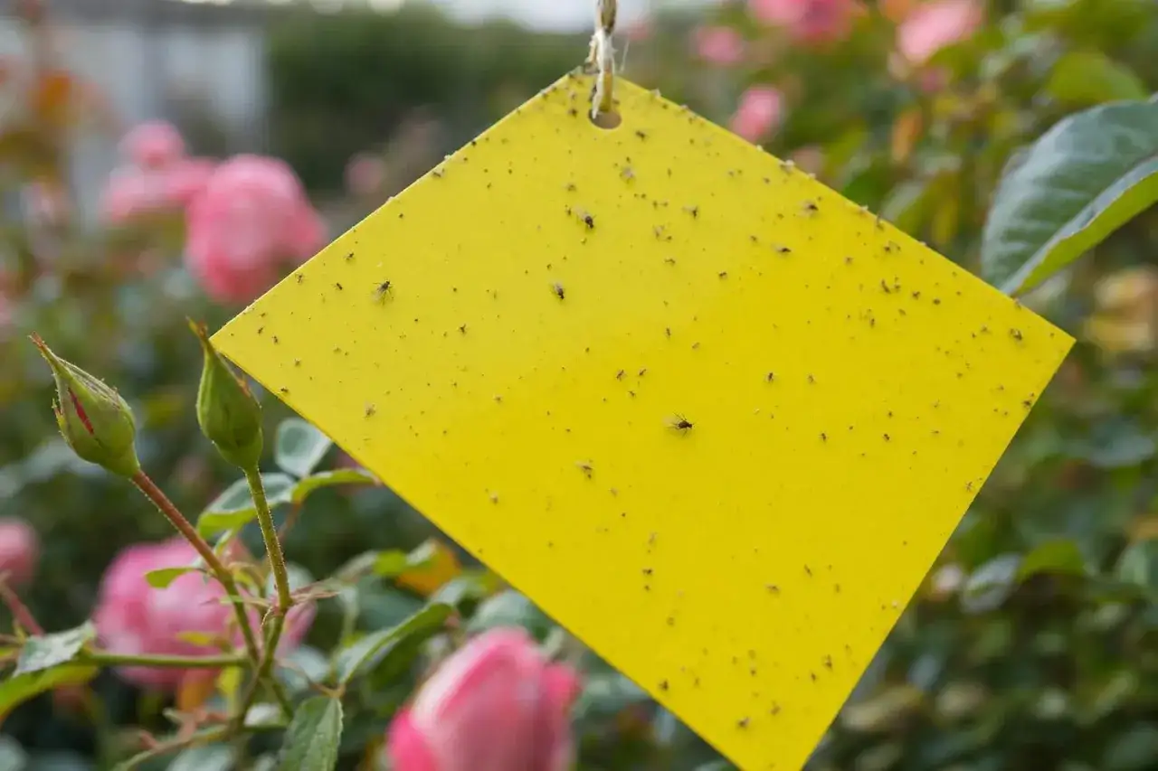 Un pi&egrave;ge puceron maison jaune attire de nombreux petits insectes volants, coll&eacute;s &agrave; sa surface, au milieu de roses roses.