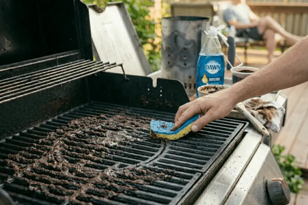 Main tenant nettoie une grille de barbecue sale avec une &eacute;ponge et du liquide vaisselle.