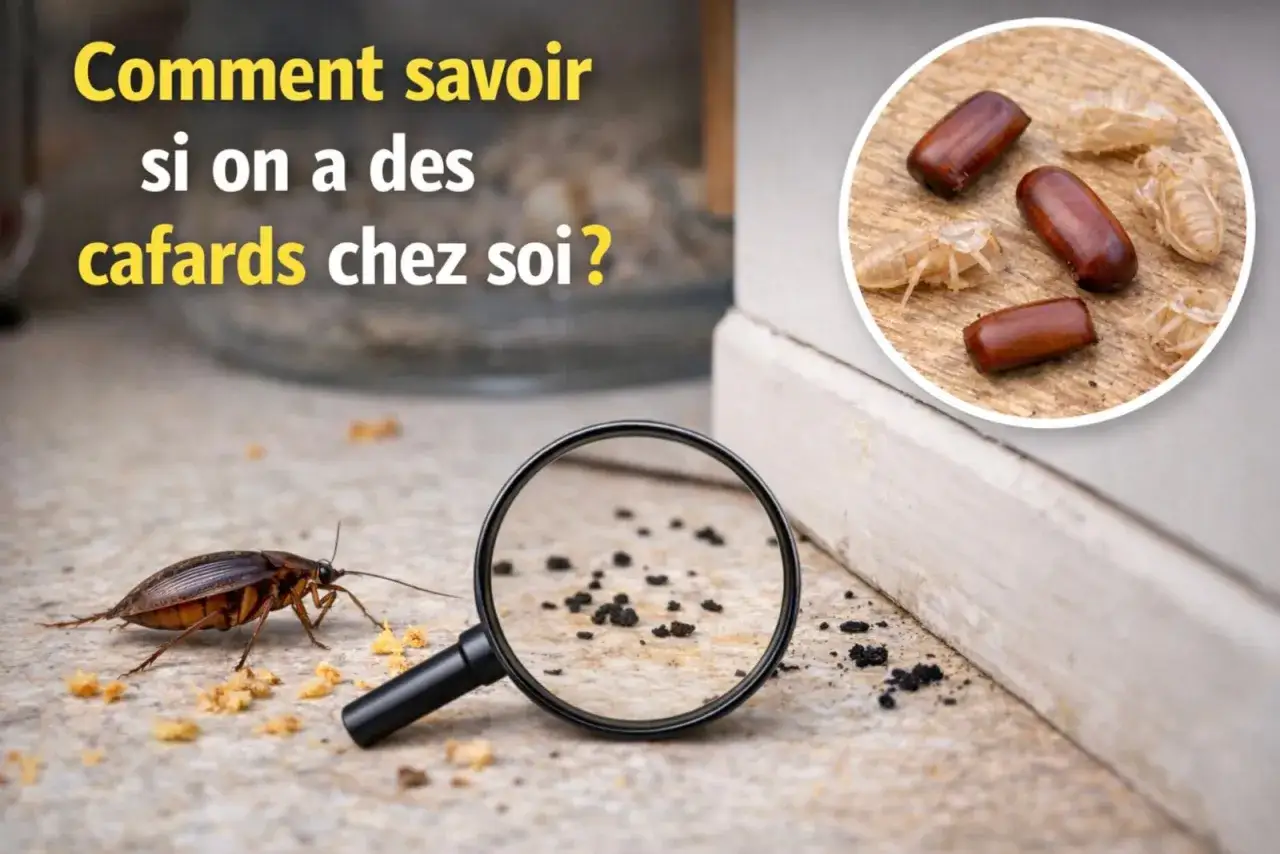 Un cafard sur le sol, une loupe r&eacute;v&eacute;lant des excr&eacute;ments. En m&eacute;daillon, des ooth&egrave;ques et mues. Comment savoir si on a des cafards chez soi ? Que faire ?