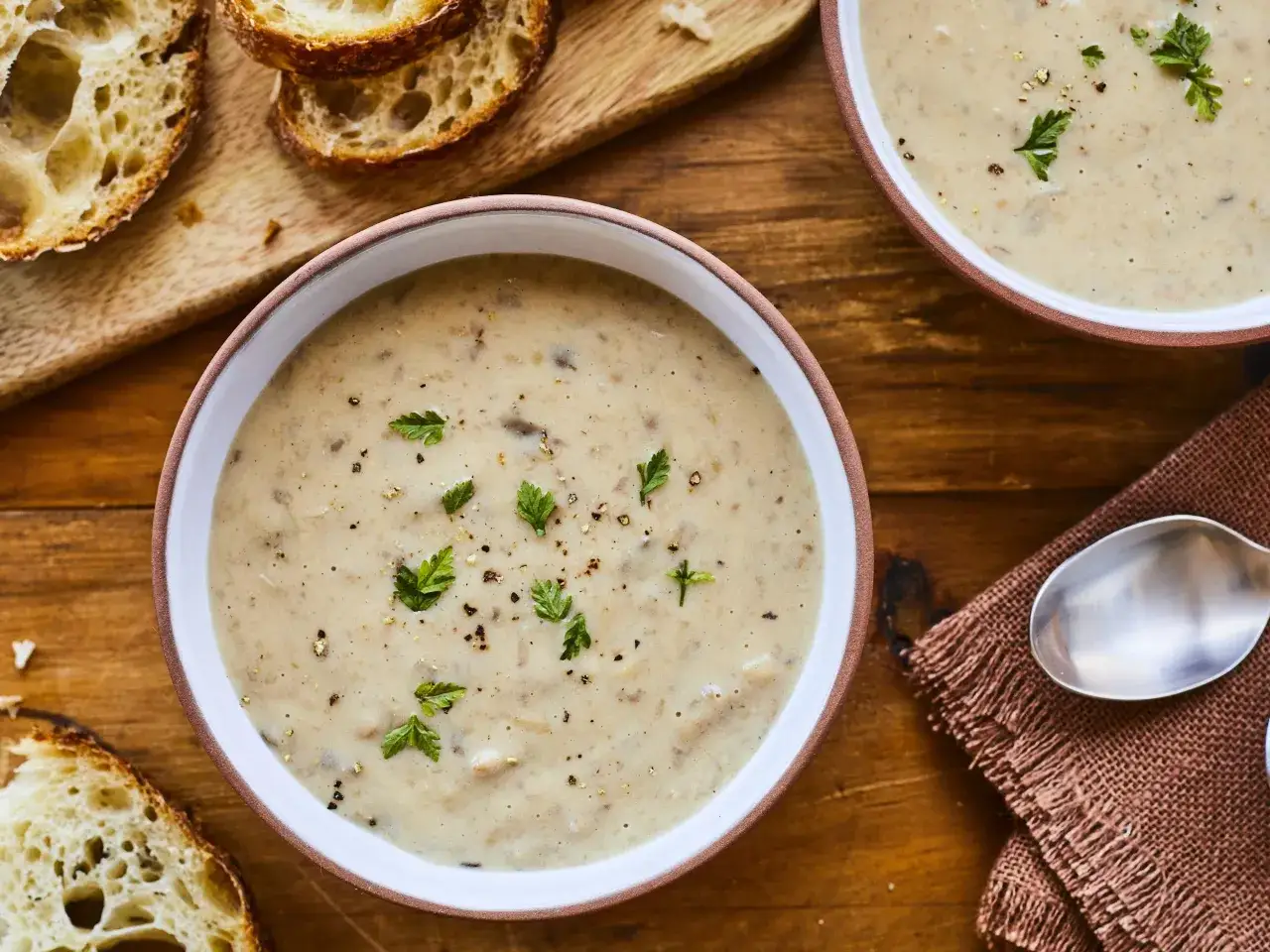 Deux bols de soupe de champignons de Paris cr&eacute;meuse, garnie de persil et de poivre, avec des tranches de pain grill&eacute;.