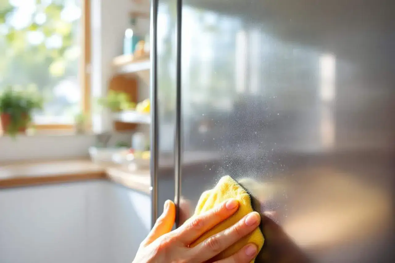 Maintenir son frigo propre aide &agrave; prolonger sa dur&eacute;e de vie. Une main nettoie la porte en inox avec un chiffon jaune.