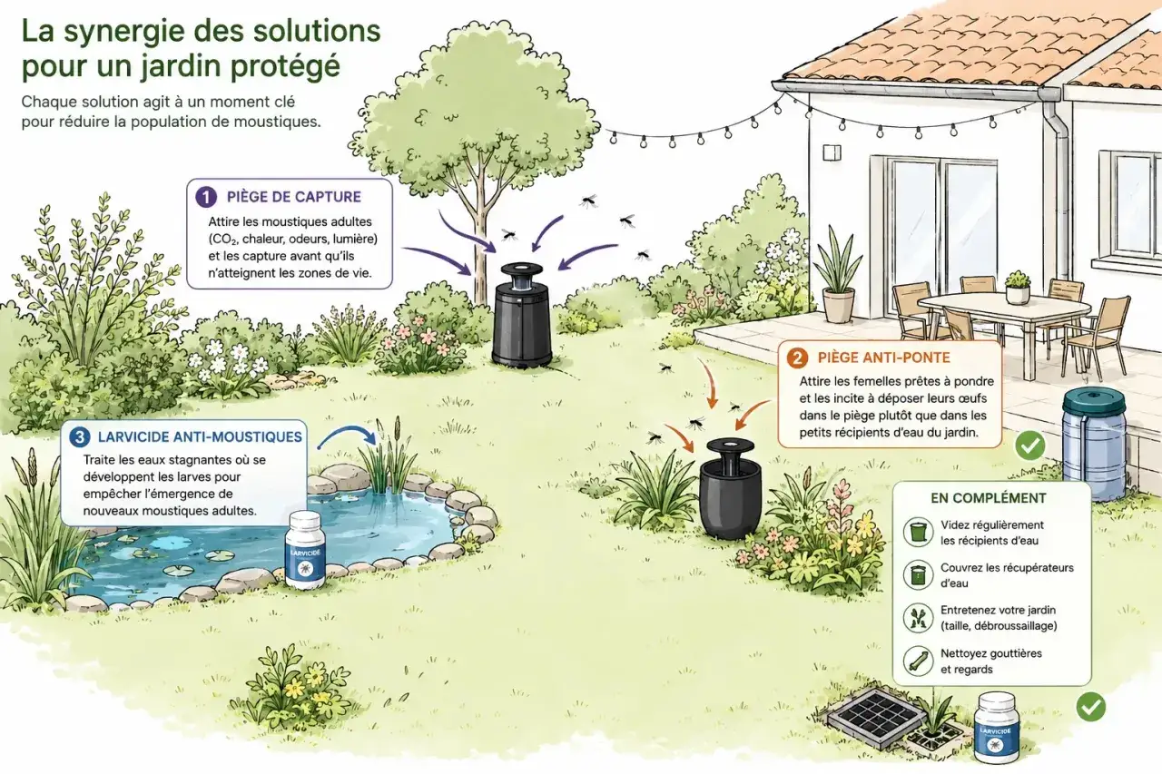 Illustration d'un jardin avec des pi&egrave;ges et un larvicide pour savoir que faire contre les moustiques. Solutions pour un jardin prot&eacute;g&eacute;.