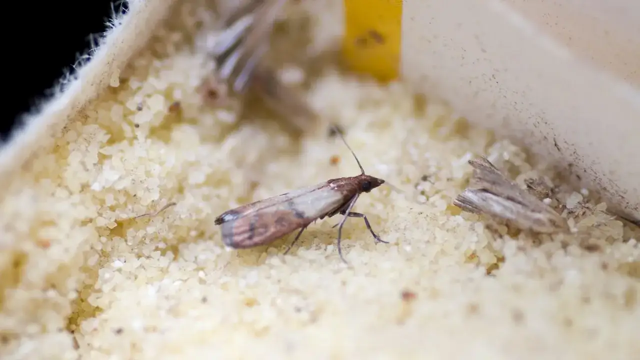 Un minuscule insecte alimentaire, une mite, se déplace sur un lit de granulés.
