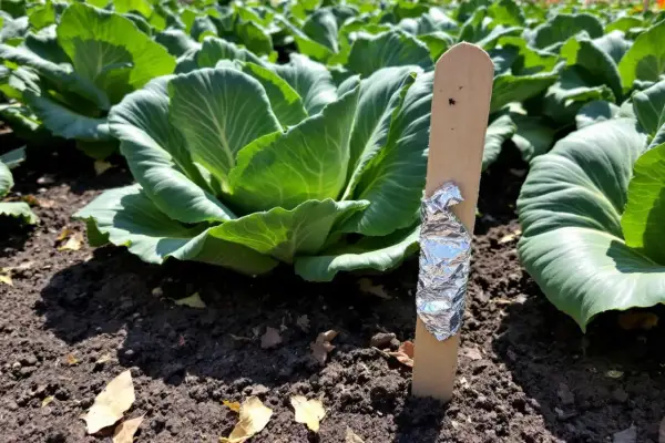 Un piquet en bois avec du papier aluminium pour un traitement naturel contre les pucerons sur des choux verts.