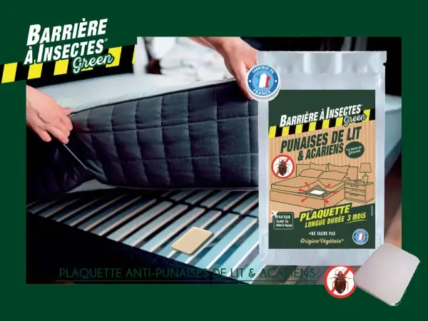 Une personne installe une plaquette anti-punaises de lit et acariens, une barrière aux insectes dangereux pour l'homme, sous un matelas.