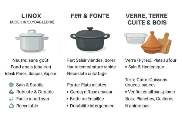Comparaison de ustensiles de cuisine : inox, fer/fonte, verre/terre cuite/bois pour savoir quel moule choisir sans danger.