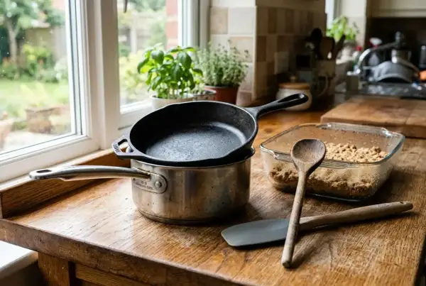 Un type de casserole en fonte repose sur une casserole en acier inoxydable. Une spatule et une cuillère en bois sont à côté d'un plat en verre rempli d'ingrédients.