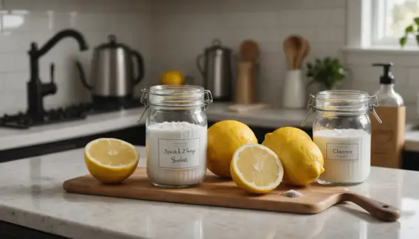 Sur un plan de travail, des citrons et des bocaux de mélange savon noir et bicarbonate de soude, prêts pour un nettoyage naturel.
