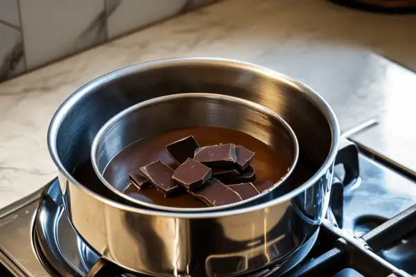 Chocolat noir en morceaux fondant doucement dans un bain-marie eau chaude.