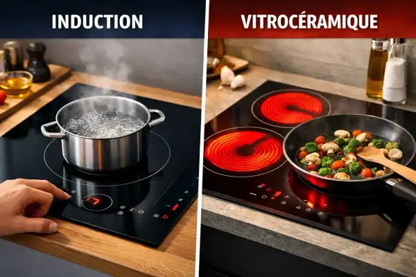 Comparaison : une plaque à induction avec une casserole d'eau bouillante et une plaque vitrocéramique avec une poêle de légumes. Découvrez comment fonctionne une plaque vitrocéramique.