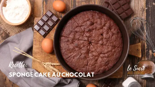 Un gâteau au chocolat tout juste sorti du four, prêt à être dégusté. Les ingrédients pour sa cuisson sont disposés autour : œufs, chocolat, farine.