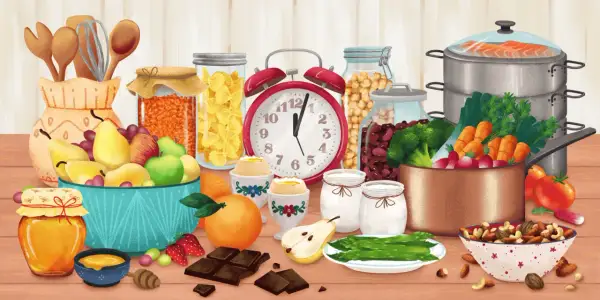 Un joyeux assortiment de fruits et légumes en vrac, avec du miel, des œufs, des noix et des ustensiles de cuisine.