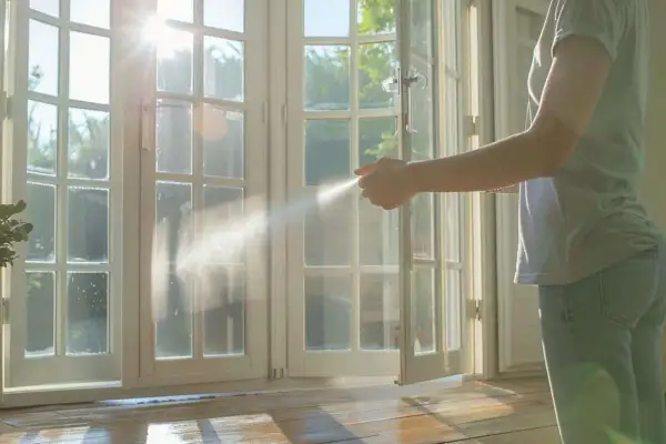 Une personne ouvre une porte-fenêtre pour aérer après avoir utilisé un insecticide. La lumière du soleil traverse les vitres.