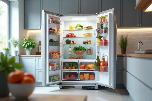 Réfrigérateur bien rempli de fruits et légumes frais, un gage de bonne durée de vie frigo et d'une alimentation saine.